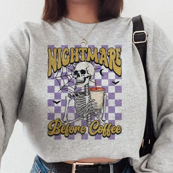 Caffeine Cravings Skeleton 'Nightmare Before Coffee' Sport Grey Sweatshirt - Picture 1 of 6